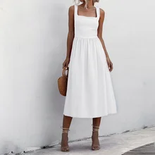 

Women Long Dress Summer Sexy Backless Casual White Black Ruched Slip Midi Sundresses 2021 Clothes for Women Y2k Ladies Strap