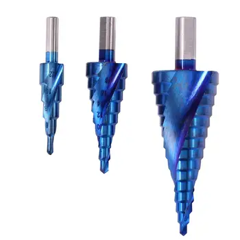 

HSS Spiral Grooved Cone Drill Bit Titanium Coated to Reduce Friction and Heatat Blue Nano Coating Step Woodworking Hand Tool