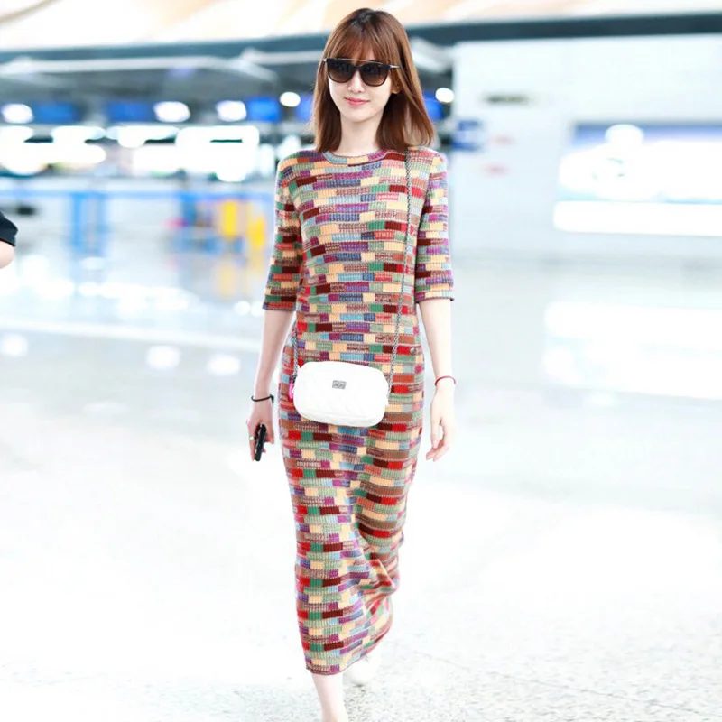 2018 женское разноцветное лоскутное платье свитер в клетку с длинным рукавом и