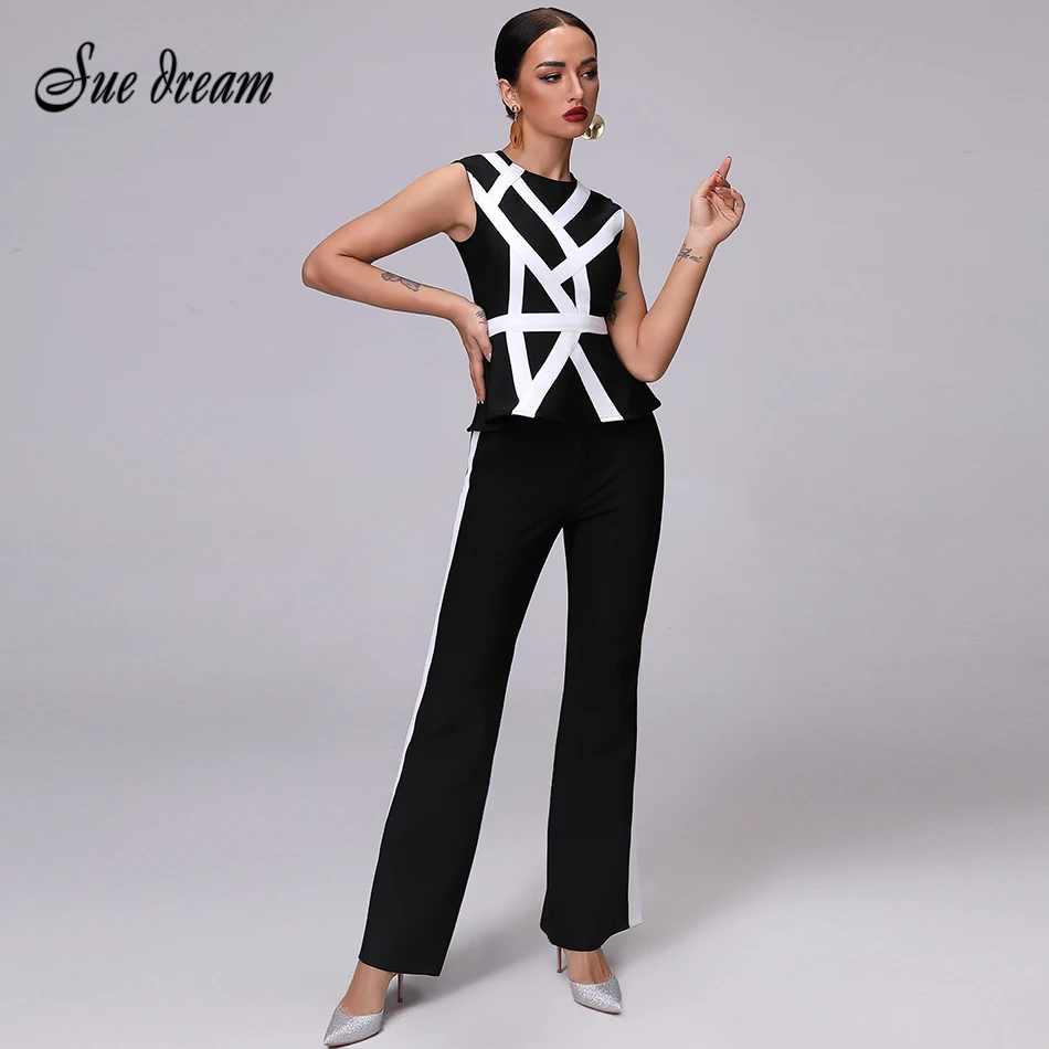 

2018 Fashion Bandage jumpsuit Women Set Striped White Tops&Pant 2 Two Pieces Set Night Out Celebrity Evening Party Women Set