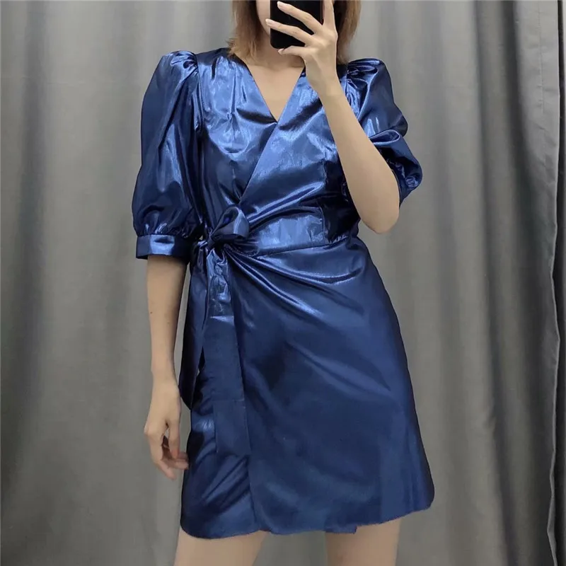 Stylich блестящее голубое женское платье с запахом, сексуальное платье с v-образным вырезом, с перекрестным дизайном, с поясом-бабочкой, с половинным рукавом, вечерние, Клубные, мини платья, vestidos
