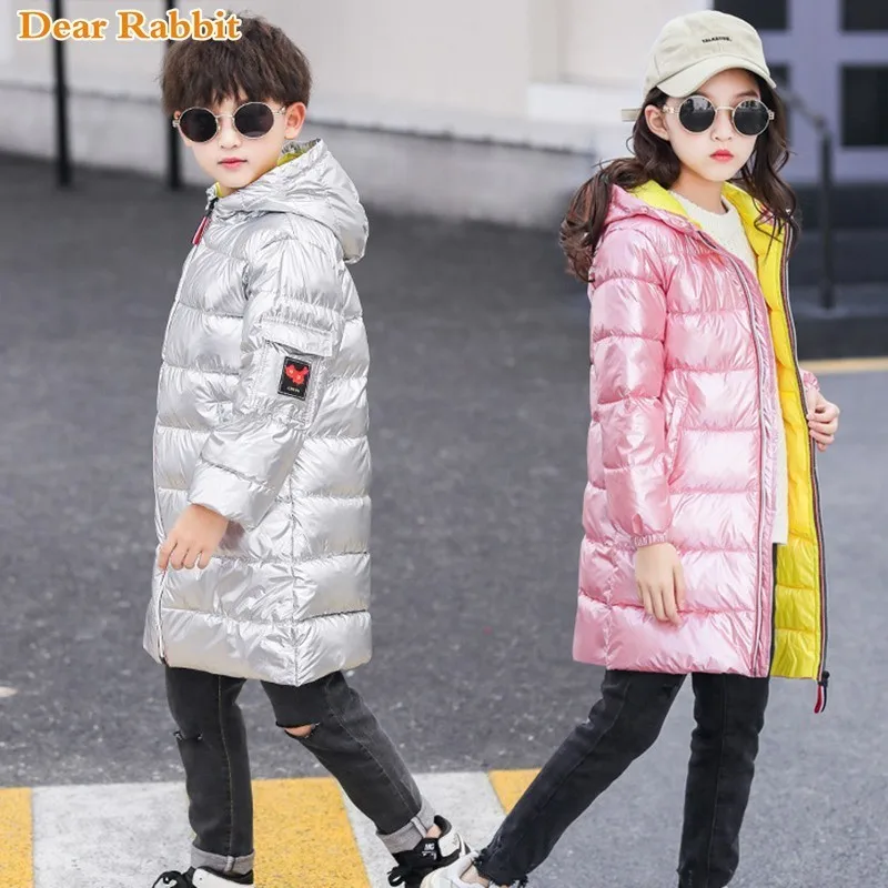 Children's Boys Winter White duck Down Jacket for Girls clothes For Silver Clothing Kid Hooded Parka Long Overcoat 3-13 Yrs