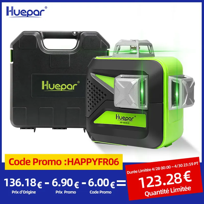 Huepar 12 Lines 3D Cross Line Laser Level Self-Leveling 360 Vertical & Horizontal Green Beam with Hard Carry Case Laser Tool Kit