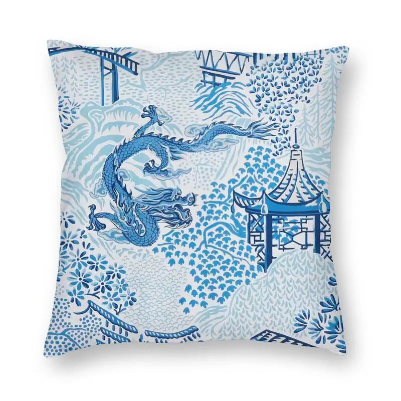 

Antique Chinese Dragon Chinoiserie Toile Cushion Cover Blue Delft Willow Pagoda Throw Pillow Case for Living Room Home Decor