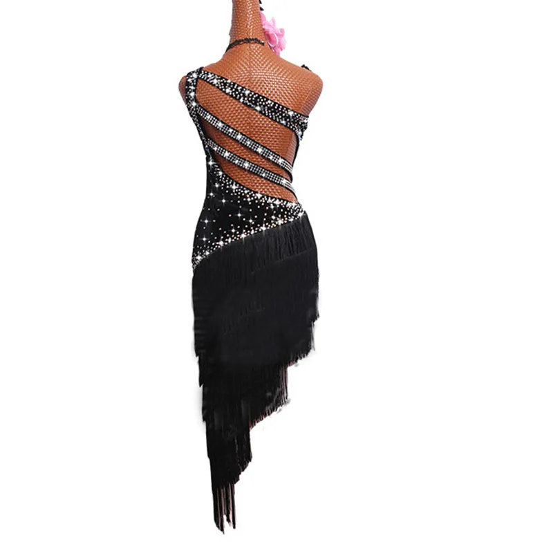 Latin Dance Dresses For Women Black Fringe Shiny Rhinestone Backless Tango Salsa Ballroom Compete Latin Dance Costumes