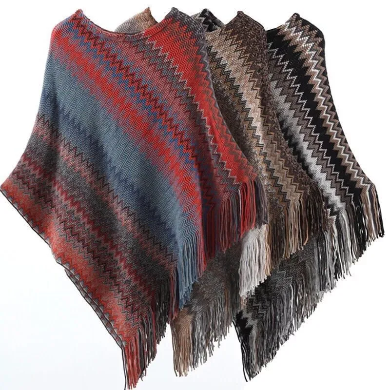 Женское асимметричное Вязаное пончо в полоску элегантное с бахромой размера