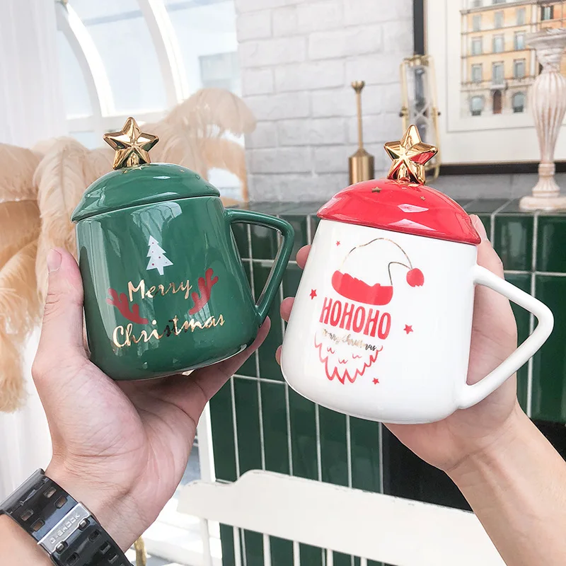 

400ml Christmas Pattern Ceramic Water Cup With Lid Spoon Holiday Cup Home Water Cup Gift Cup