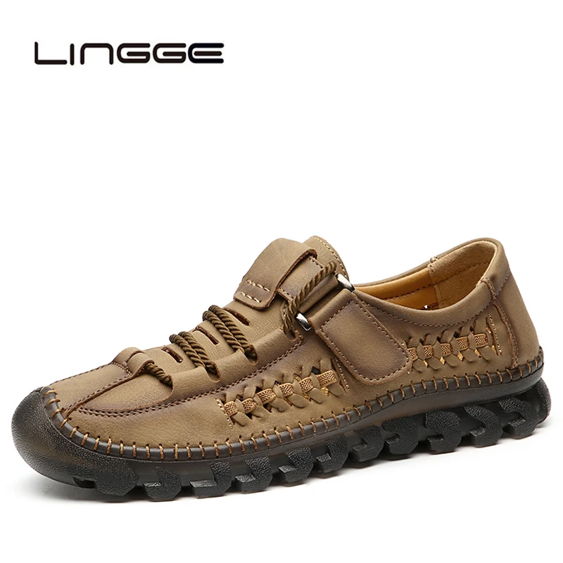 

LINGGE Brand New Casual Leather Shoes Men Loafers Comfortable Split Leather Men Shoes Flats Hot Sale Moccasins Plus Size 38-48