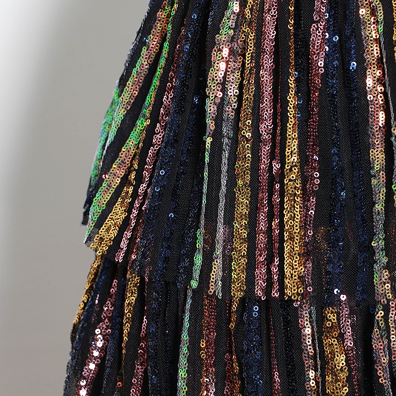 细节 (3).JPG TWOTWINSTYLE Patchwork Sequined Striped Party Dresses For Female V Neck Sleeveless High Waist Cascading Ruffle Womens Dress New