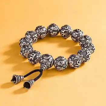 

Tibetan Buddhism Brass Silver Plated Charm Rope Bracelet For Men Six Words Mantra Yoga Lotus Prayer Beads Bracelet Women