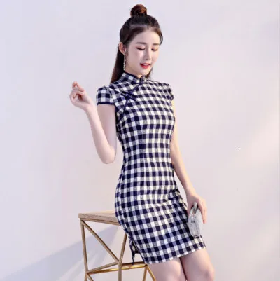 Sheng COCO Chinese Clothing Plaid Short Qipao Cheongsam Dresses Cotton Daily Lattice Traditional Cheongsam Women Retro Qi Chipao - Цвет: Синий