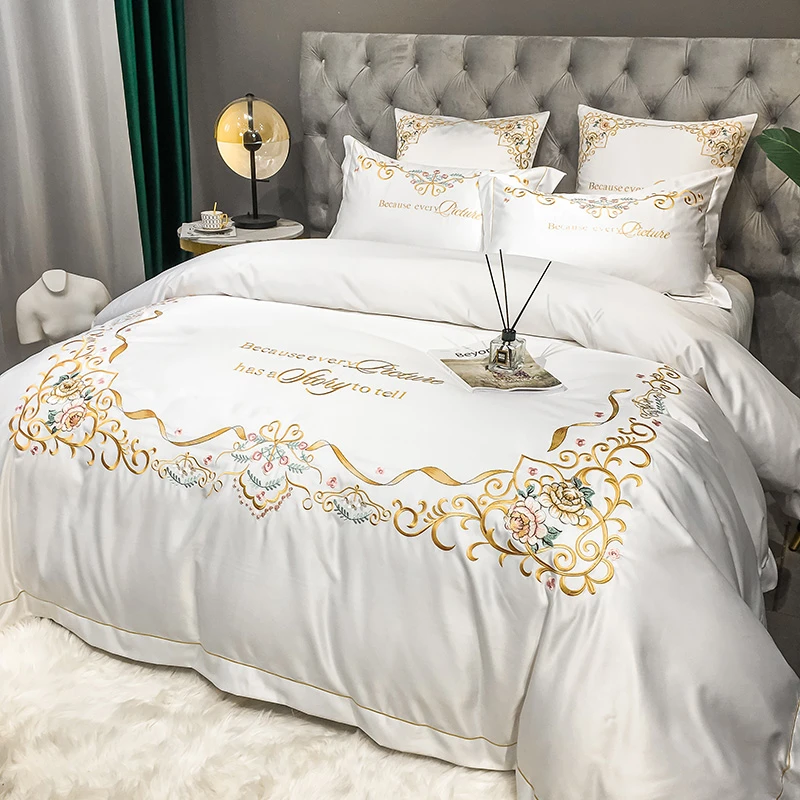 Glossy Soft Satin Silk Cotton Gold Embroidery Bedding Set Double Duvet Cover Set Bed Linen Fitted Sheet Pillowcase Home Textile