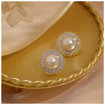 

Stud Earrings For Women Vintage S925 Silver Needles Cubic Zirconia Pearls Elegant Simple Brincos Temperament Round Fine Jewelry