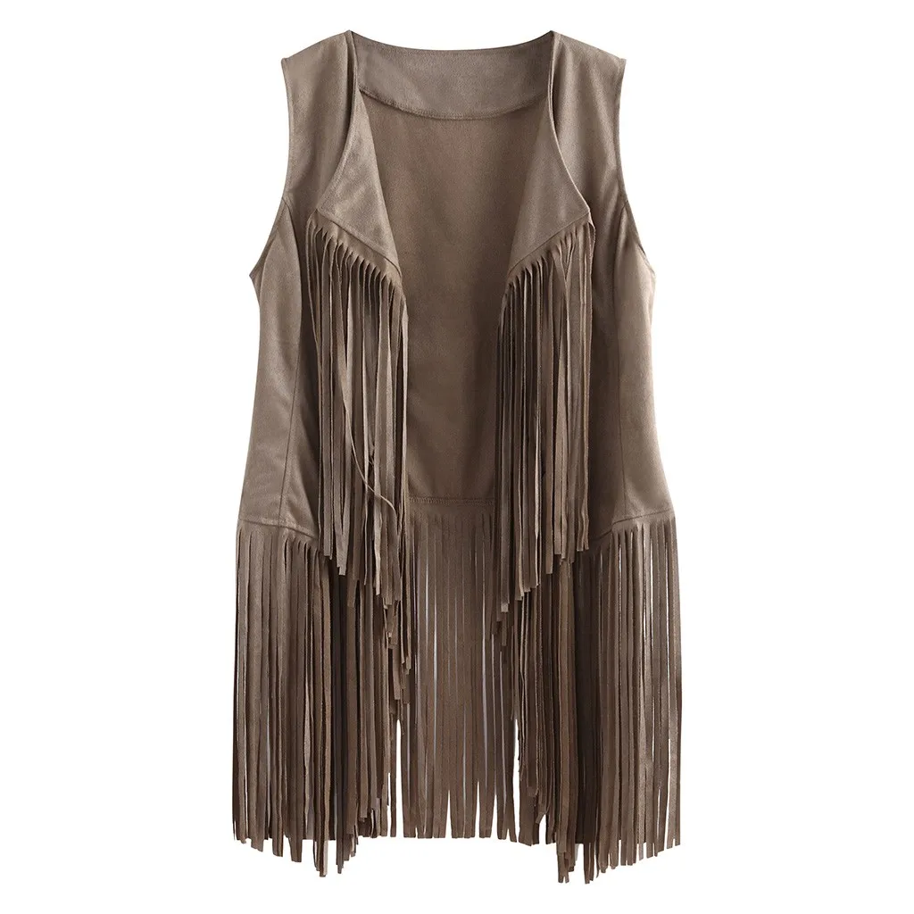 Women Autumn Winter Suede Ethnic Sleeveless Tassels Fringed Vest Cardigan