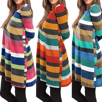 

Fashion Women O Neck Colorful Stripes Print Side Long Blouse Mini Dress Colorful Stripes Print Side Long Blouse Mini Dress