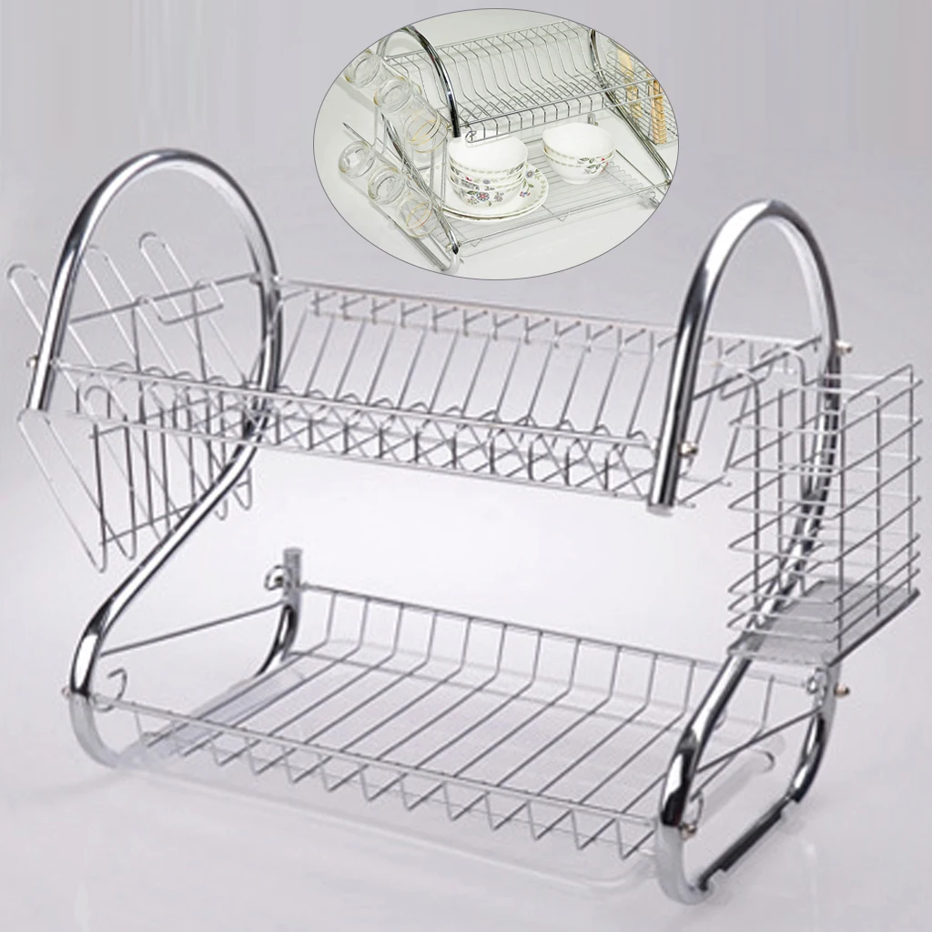 

Kitchen Shelf Bowl Plate Dish Cup Cutlery Rack Multifunctional Storage Shelves 2 Tier Iron Chrome