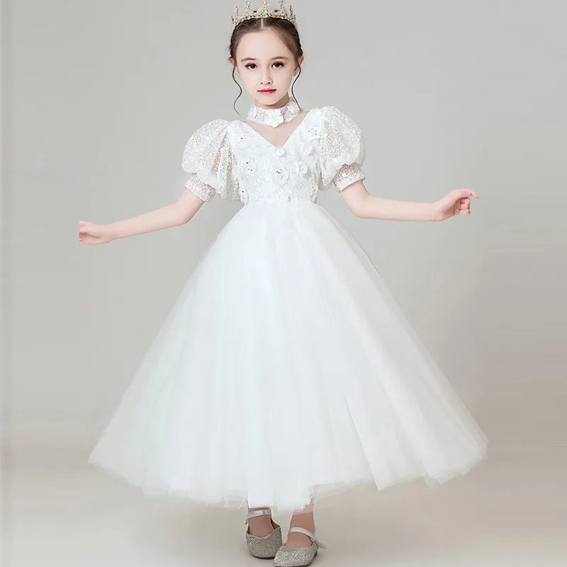 white long dress Осенне-весеннее Новое Элегантное детское платье принцессы из тюля с v-образным вырезом на день рождения и свадьбу благородное праздничное платье для маленьких девочек - Цвет: white long dress