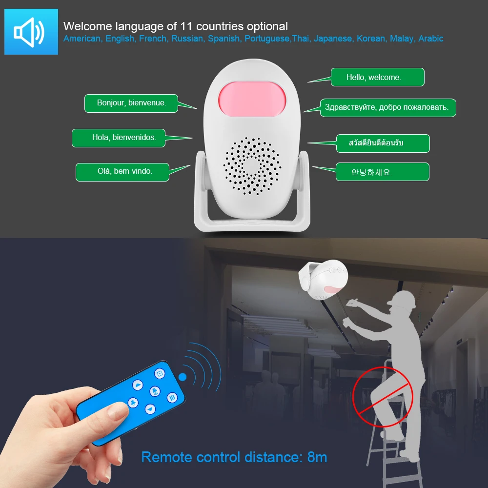 Security Alarm Welcome Motion Detection Remote Control 100dB Three Modes 11 Types of Welcome Words Doorbell With Remote Controll