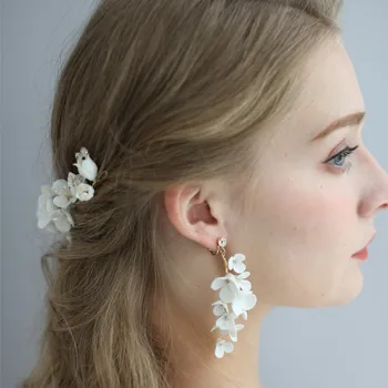 

NPASON Wholesale lots bulk Fashion Handmade White Ceramics Flowers Crystal Drop Bridal Wedding Earrings