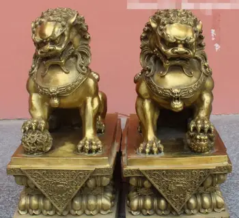 

18" Chinese Bronze Foo Fu Dog Guardion Door Gate Lion Leo Kid Animal Pair Statue