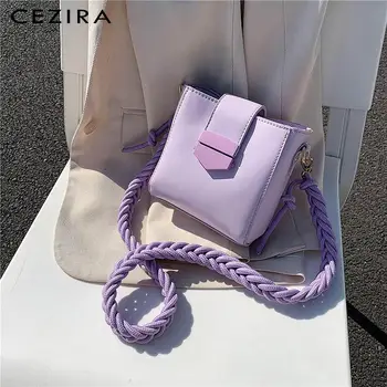 

CEZIRA Solid Color PU Leather Shoulder bag For Women Fashion Braid Strap Design Flap Handbags Female Daily Crossbody Bags Bucket