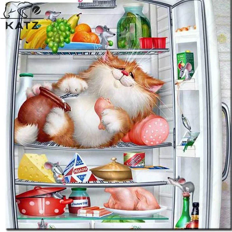 Картина из аниме сделай сам алмазная живопись кошки которая спит в холодильнике