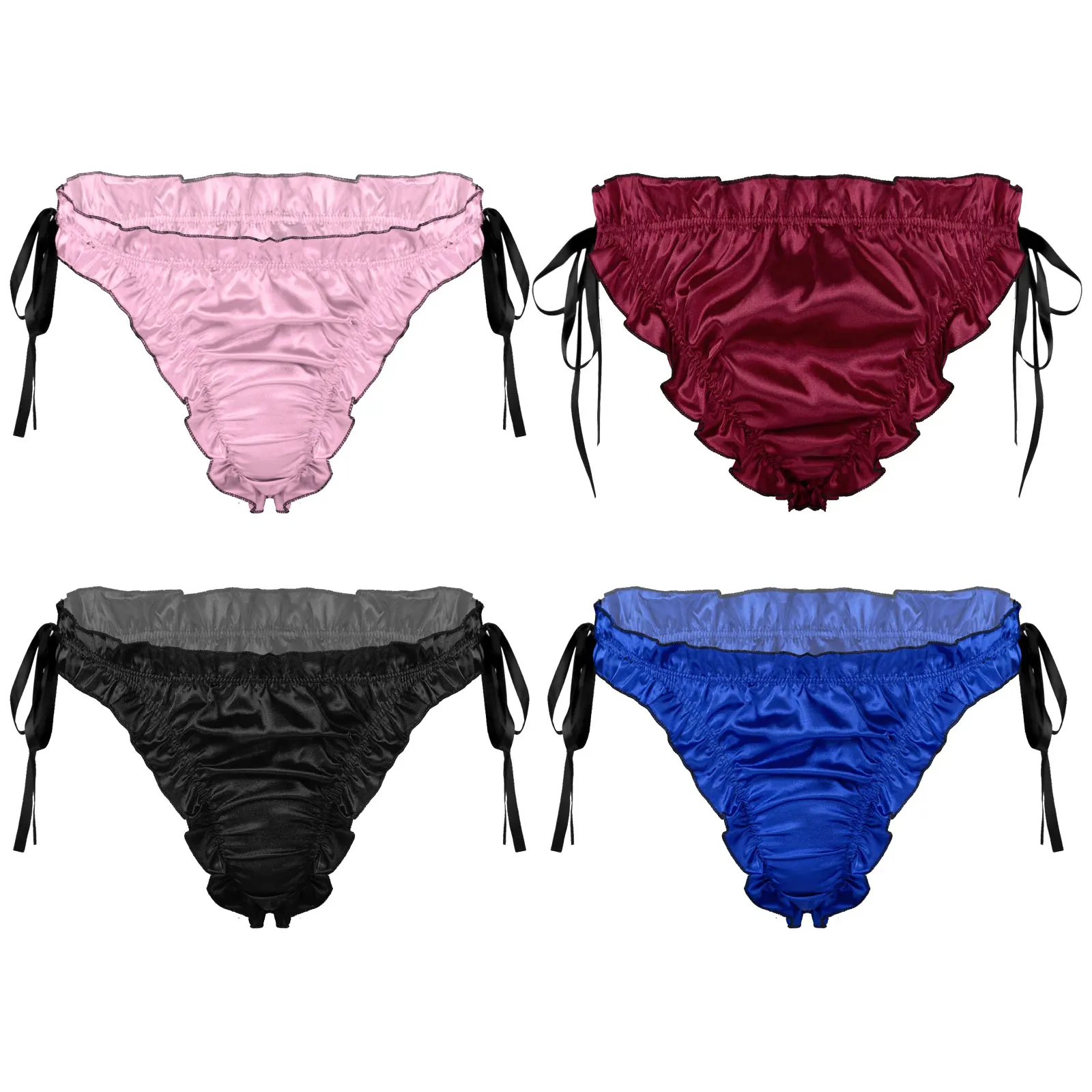 Men's Low Waist Panties Ruffles Satin Briefs Breathable Lace-up Pleated Trim Underpants Sissy Male Gay Underwear Sexy Shorts