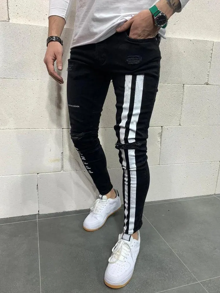 Biker Ripped Jeans Men Skinny Striped Zipper Denim Hole Wash Vintage Hip Hop Work Trousers Slim Printed Jeans European Big Size