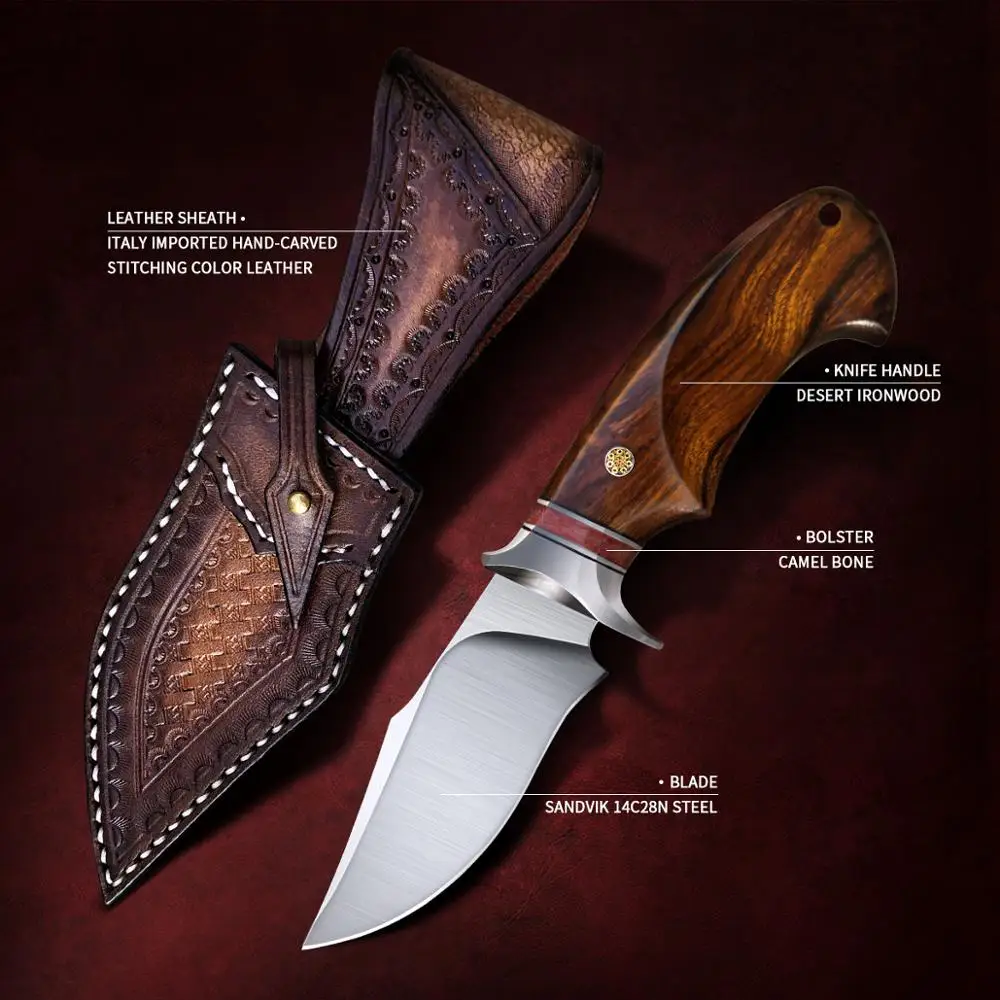US $63.99 Turenz Hunting Knife 14c28n Steel Stabilized Wood Handle Edc Camping Knife With Sheath Outdoor Tool Small Fixed Blade Knives