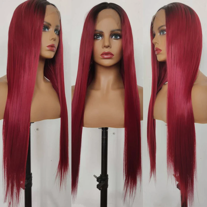 

Ombre red wigs for women Long Straight Synthetic lace front wig dark root to red Heat Resistant Synthetic Wigs