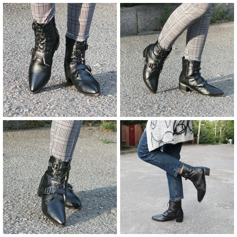 Meotina/ботинки в байкерском стиле; женские ботинки из искусственной кожи; зимние Ботильоны на каблуке-шпильке с заклепками; полусапожки с пряжкой; Черная Женская обувь на меху на молнии