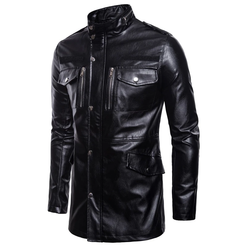 Autumn Motorcycle Leather Jacket Men Long Windbreaker Coat High Quality PU Leather Jacket Male Multi-Pocket Leather Jacket,B036