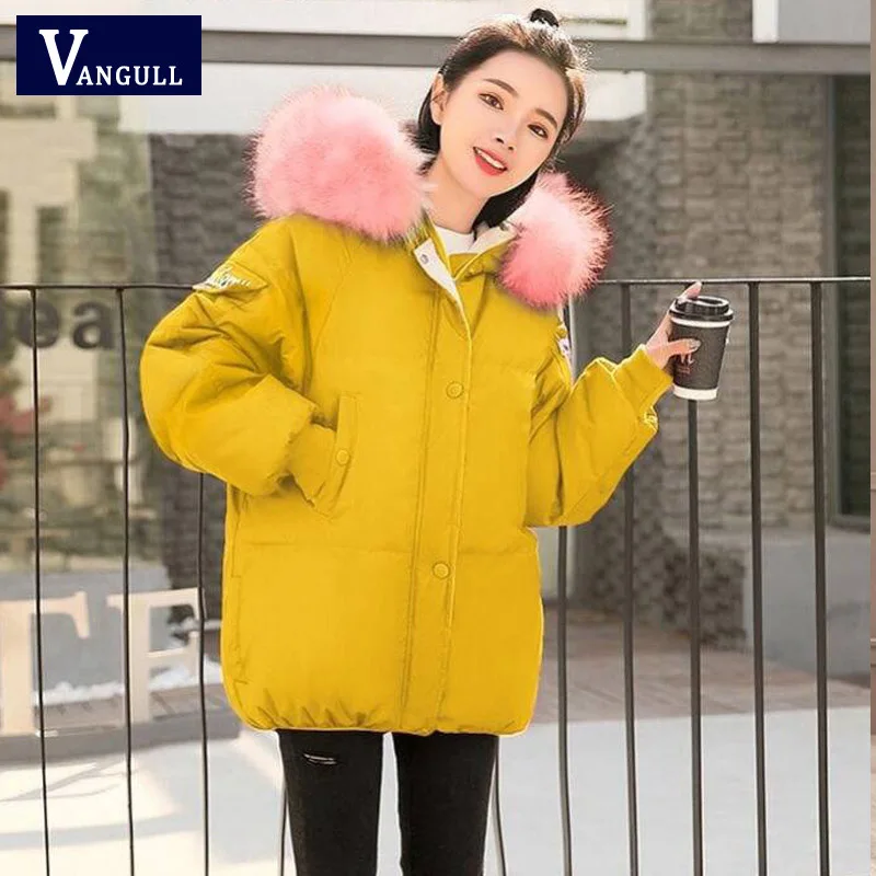 Vangull/плотные длинные пуховые пальто с меховым капюшоном, женские повседневные теплые хлопковые пальто с длинными рукавами и цветной шляпой, с хлопковой подкладкой