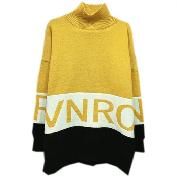 

College style letter turtleneck pullover sweaters new Korean loose midi long knit sweater 2019 autumn winter clothes women