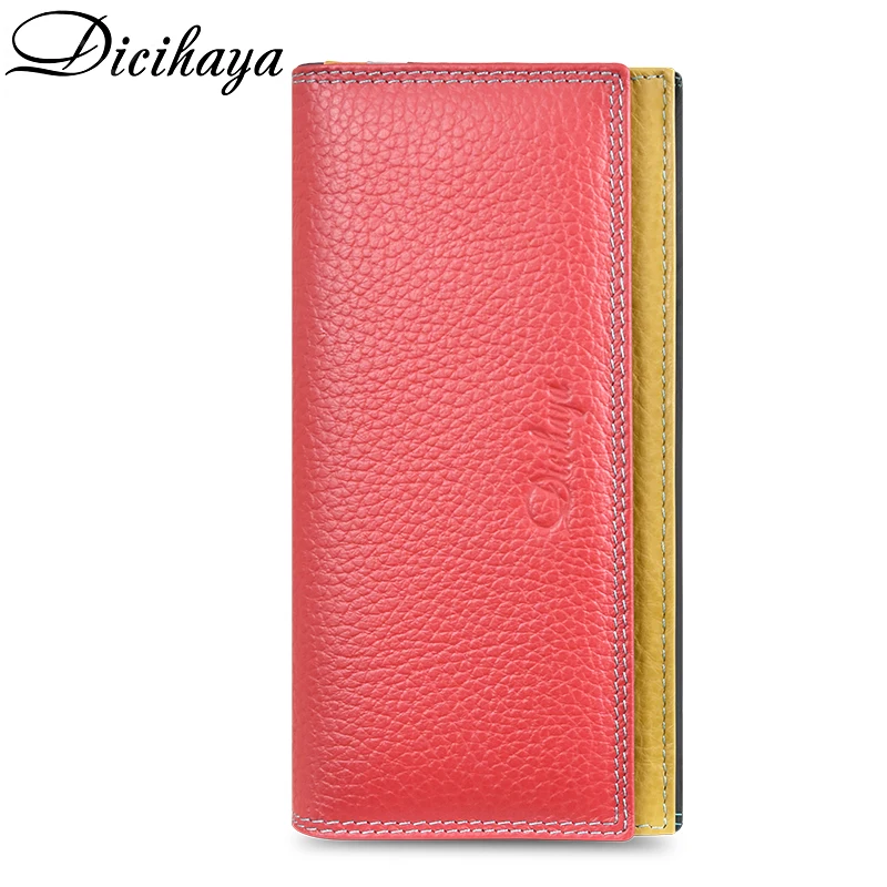 Goedkoop DICIHAYA Contrast Kleur Echt Leer Vrouwen Portemonnee Portemonnee Vrouwelijke Luxe Lederen Lange vrouwen Handtas Echt Lederen Zakje