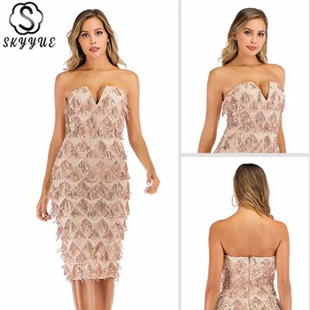 

Skyyue Dress Prom V-Neck Sequined Sleeveless Vestidos De Gala Strapless Tassel Straight Knee-Length Prom Dresses 2019 YM051