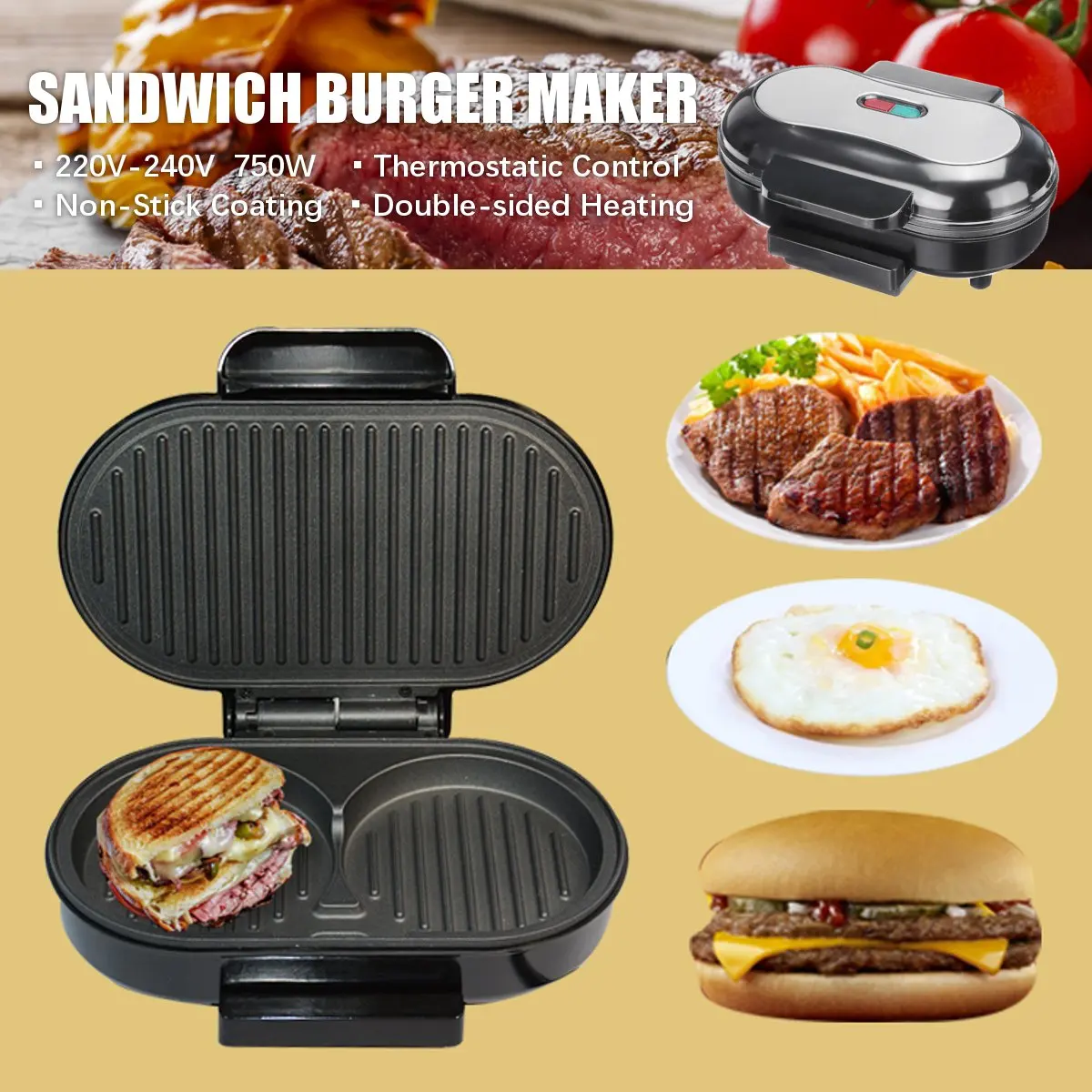 220 240V 750W Electric Sandwich Maker Dual Toast Steak Grill Stainless