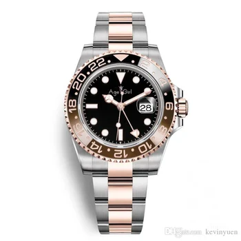 

Classic New Men Automatic Mechanical Rose Gold Silver Black Ceramic Bezel GMT Stainless Steel Sapphire Luminous Watch AAA+
