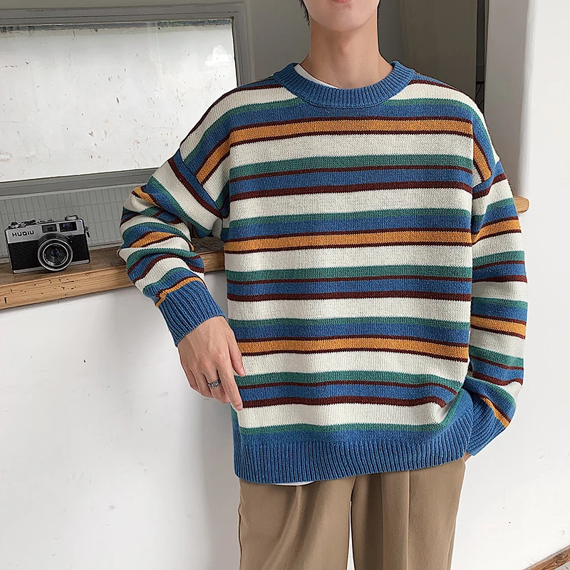 Winter Striped Sweater Men Warm Fashion Contrast Color Casual Knit Sweaters Man Sweter Clothes Loose Long-sleeved Pullover Men