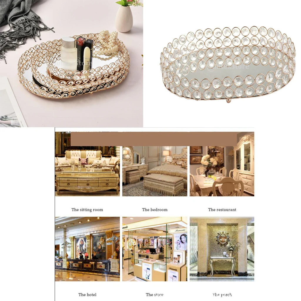 Golden Delicate Jewelry Storage Tray Glass Mirror Base Bedroom Desktop Cosmetic Decorative Organize Plate Tray