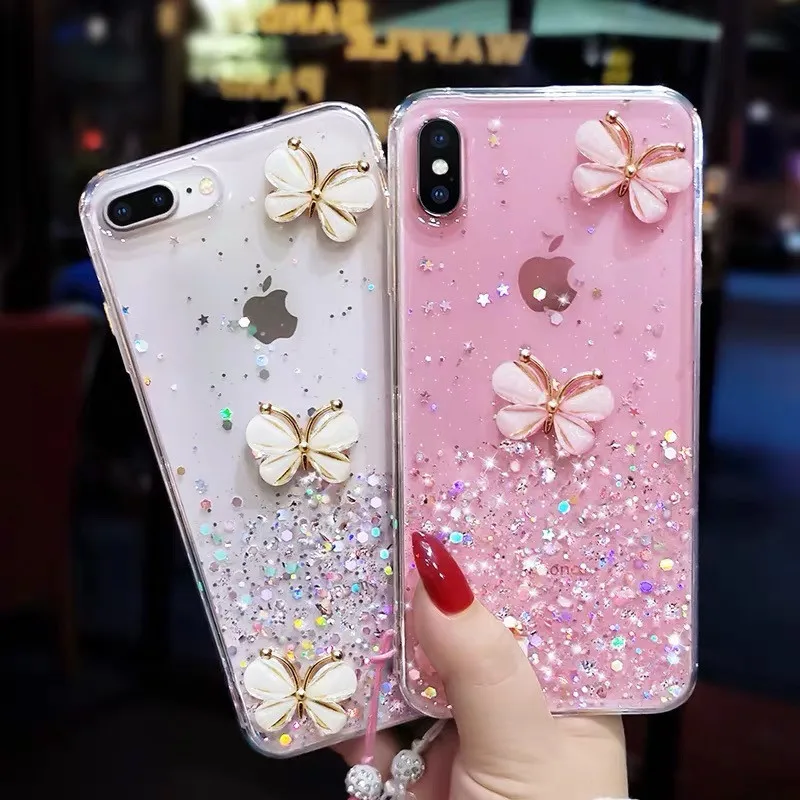 

case for iPhone 11 XR 7 8 11 Pro Max X XS Max Plus 6 6s rhinestone Glitter butterfly cover(not include long chain)