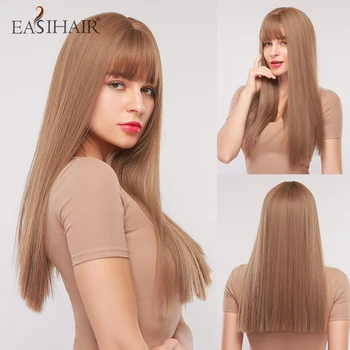 

EASIHAIR Long Straight Brown Synthetic Wigs with Bangs Natural Soft Hair Wigs for Women Cosplay Wigs Heat Resistant