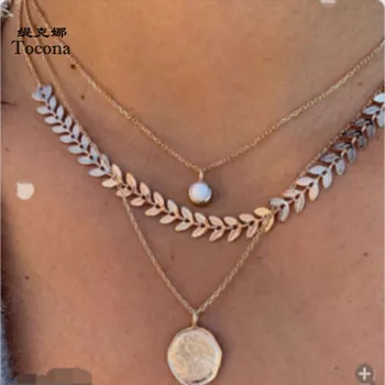 

Tocona Bohemian White Water Drop Rhinestone Coin Pendant Necklace for Women Gold Chain Leaf Chocker Jewelry Accessories 9915