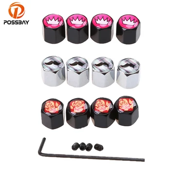 

POSSBAY Black/Silver Mustache/Crown/Rose Type Wheel Stem Air Valve Caps Anti Theft Car Tire Valve Caps Auto Truck Motocycle Bike