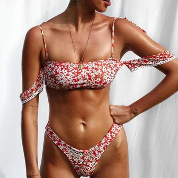 

IMANFive Sexy Bikinis 2019 New Arrival Biquini Floral Print Lace Patchwork String Bikini High Waist Swimwear Women Swimsuit L