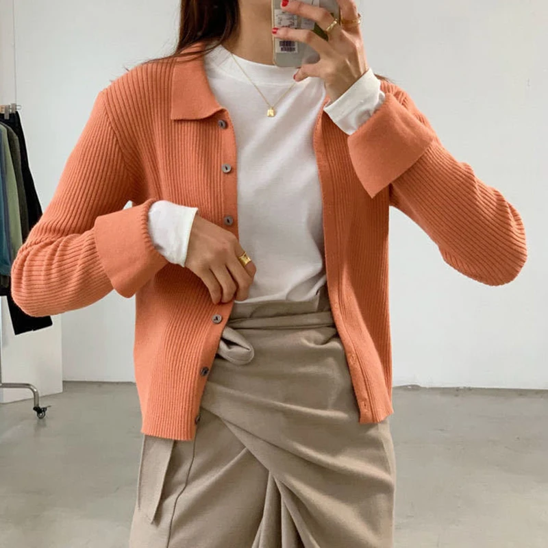 Cardigan Femme Classique Col Rond Boutonné - Tricot Ouvert Devant, Style Décontracté Boyish, Polyester - 12