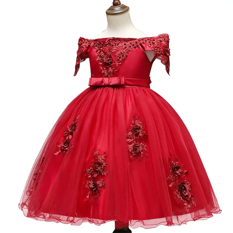 Красные Платья с цветочным рисунком для девочек, кружевное платье с открытыми плечами для маленьких девочек, вечерние платья, vestidos, одежда для детей