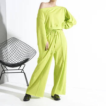 

LANMREM 2020 New Round Neck Full Sleeves Pullover Lantern Sleeves Sweatshirt And Elastic Full Length Pants Suit WH40306