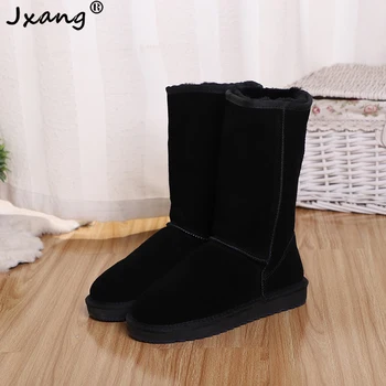 

JXANG 2020 fashion Knee High Cowhide Suede Leather Wool Shearling Lined Winter Boots for Women Snow Boots Shoes Brown Black