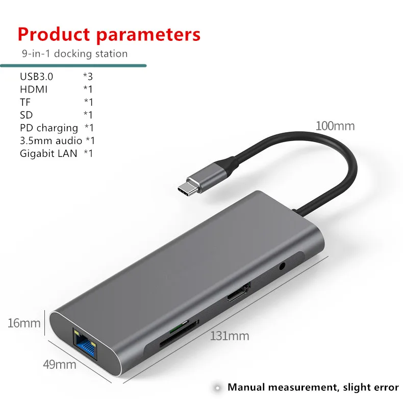 9 в 1 Тип-C концентратор USB3.0 4K HD PD с высоким уровнем Скорость зарядка для мобильных устройств MacBook huawei XiaoMi lenovo док-станция с HDMI SD TF LAN PD - Цвет: Grey